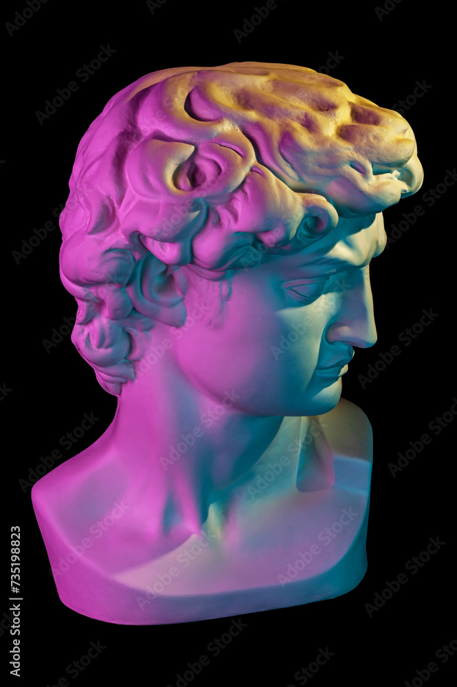 Obraz premium Gypsum copy of head statue David in bright neon colors for artists isolated on a black background. Face famous sculpture youth of David by Michelangelo. Template design for dj, fashion, poster, zine.