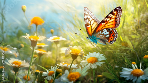 a butterfly flying over a field of flowers © Vahe