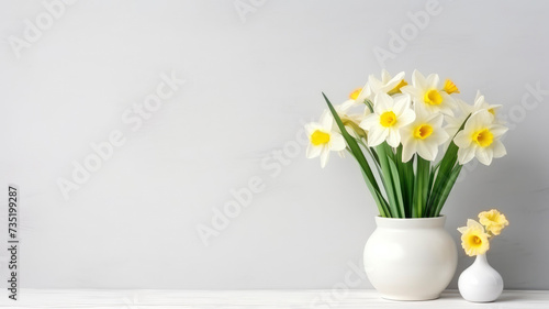 Spring composition of a bouquet of flowers in a vase of daffodils, with copy space on a white background