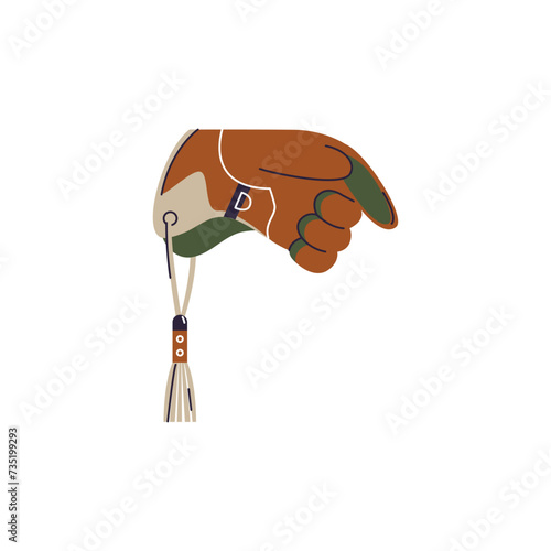 Thick leather glove on the left hand with tassel, vector Falconry professional accoutrement, falcon training equipment