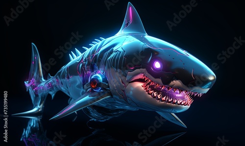 Digital white shark background. Cyber 3d neon predator fish with purple glowing jaws and web wiring with blue cybernetic fins photo