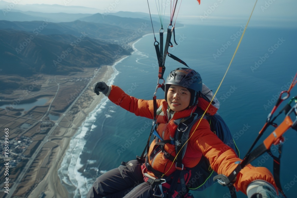 A man in an orange jacket parasailing over the ocean. Suitable for adventure and vacation concepts A man in an orange jacket parasailing over the ocean. Suitable for adventure and vacation concepts