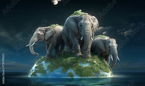 Elephants standing on green planet earth background. Three 3d mighty animals stand on sunken world as symbol of environmental protection and biodiversity