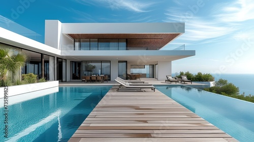 Luxury Island home, minimalist architectural style, wood deck with infinity pool, slatted wood pergola. Generative AI. © visoot