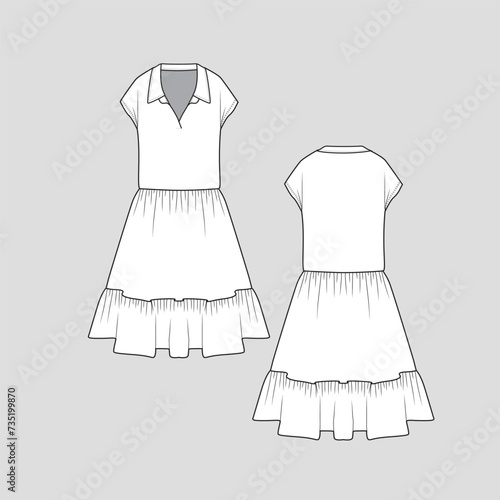Collar Neck Kimono Sleeve Dress waist Gathering ruffle hem peplum dresses Fashion flat sketch template