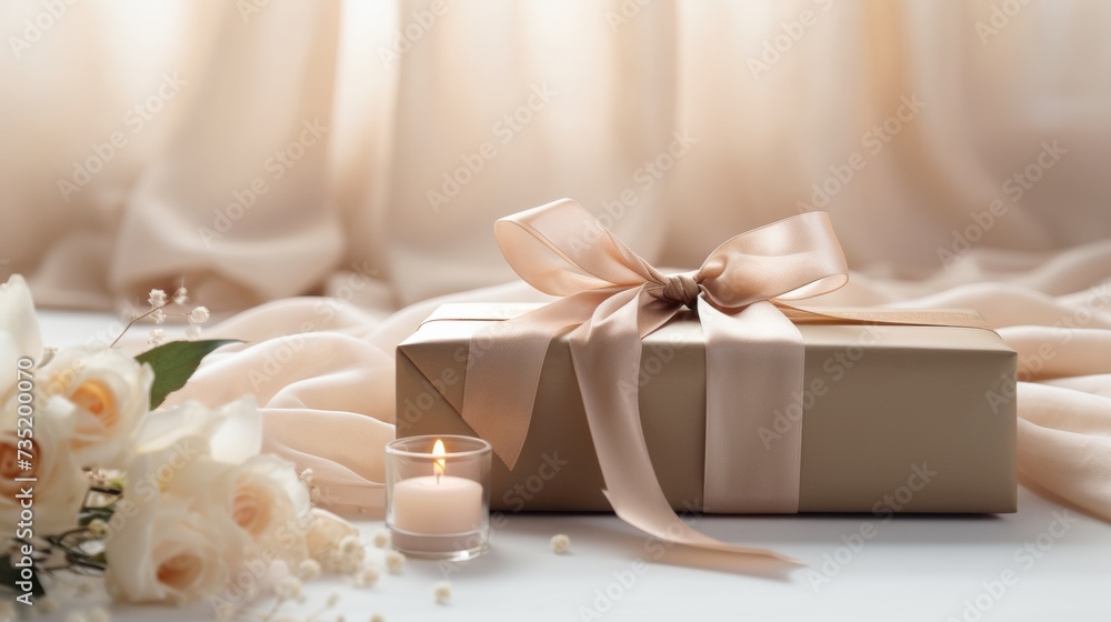 An elegant abstract pattern, created with simplicity and finesse, adorning a wrapped gift box embellished with a satin ribbon, enhancing its beauty.
