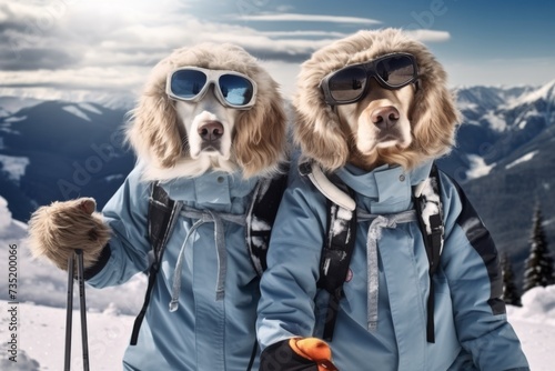 dog couple posing with ski equipment
