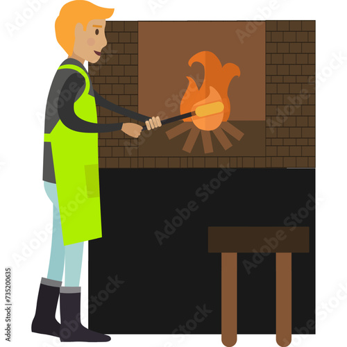 Glassmaker splitting glass in furnace vector icon isolated on white