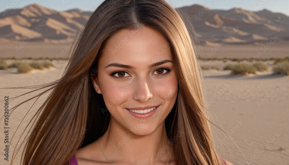 Beautiful woman with long brown hair in the desert portrait. Beautiful woman with long brown hair in the desert portrait.