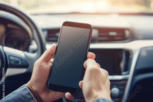 A person holding a smartphone while sitting in a car. Perfect for illustrating modern technology usage while on the go