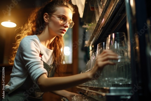 Woman in glasses looking at glasses in an oven. Can be used for kitchen appliance advertisements or cooking-related articles