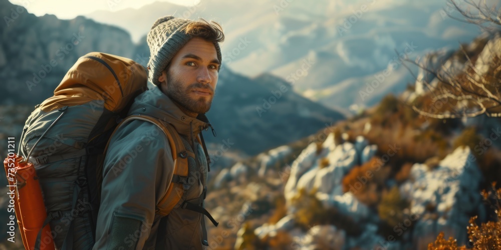 A man with a backpack standing on a mountain. Suitable for adventure, travel, and outdoor concepts A man with a backpack standing on a mountain. Suitable for adventure, travel, and outdoor concepts