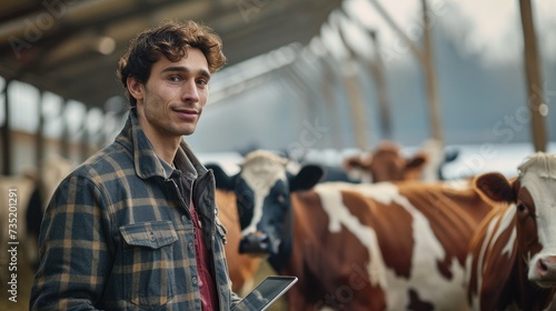 Young man farmer with tablet pc computer and cows in cowshed on dairy farm, agriculture industry, technology and animal husbandry concept. Generative AI. photo