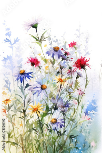 Beautiful watecolor floral card. Wild delicate colorful meadow flowers on white background.