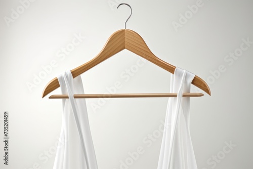 A white dress hanging on a wooden hanger. Perfect for fashion and clothing concepts