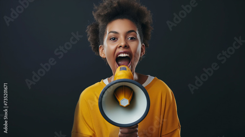 Mulher afro-americana irritada gritando através do megafone em fundo preto