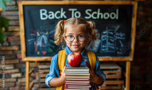 Adorable young student with glasses holding a stack of books and a red apple, standing in front of a chalkboard with Back To School written on it photo