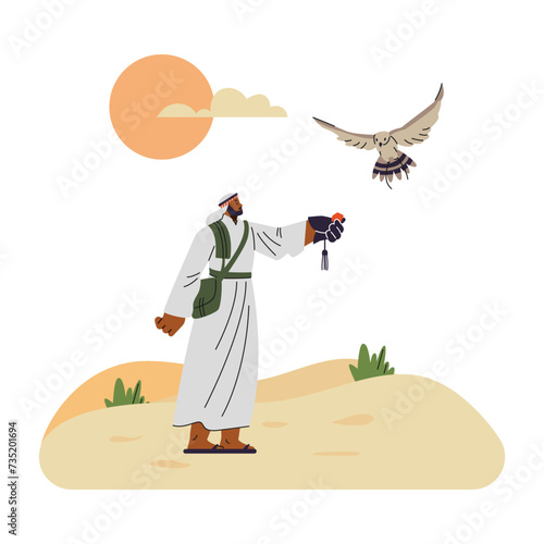 Vector Illustration of falconry, falconer releases falcon in desert