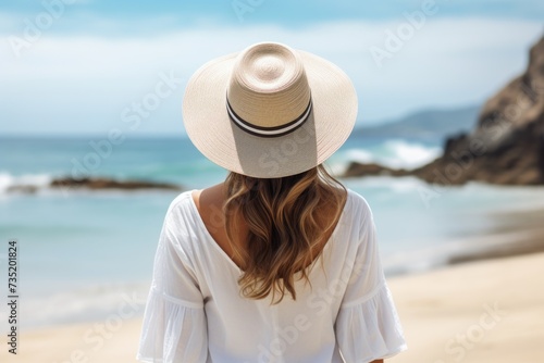 A woman wearing a white shirt and hat enjoying the beach. Perfect for travel and vacation themes