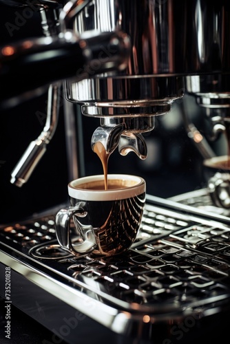 A cup of coffee being poured into a coffee machine. This image can be used to depict the process of making coffee or for illustrating coffee preparation in a cafe or restaurant
