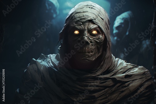 Captivating Mummy night street portrait digital art. Face zombie spooky eyes. Generate Ai