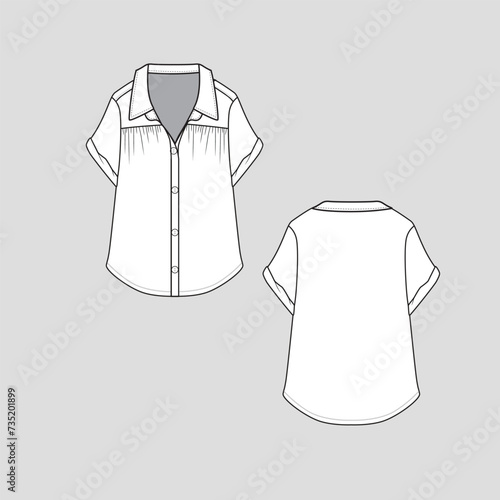 Collar Neck Roll Up Sleeve Top Full open button panel Fashion Drawing  Template  flat sketch Cad  Design vector