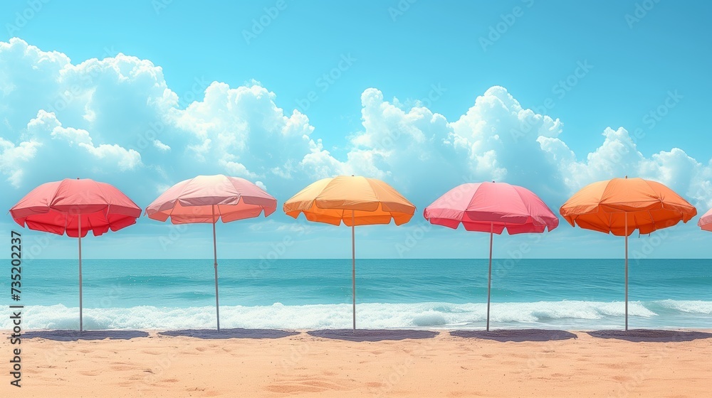 Illustrate a row of colorful beach umbrellas lining the shore, providing shade and adding a festive pop of color against the backdrop of the sea and sky.