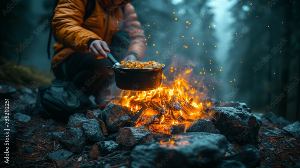 Capture the joy of outdoor cooking with images of campers preparing meals over a campfire or portable stove,