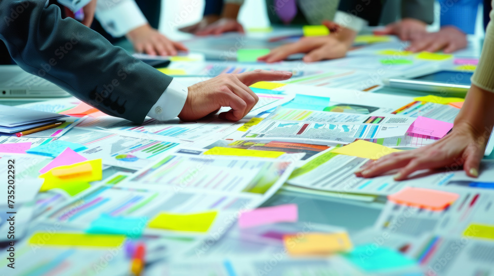top view of a busy work table during a team meeting, with hands of diverse people working with colorful sticky notes top view of a busy work table during a team meeting, with hands of diverse people working with colorful sticky notes