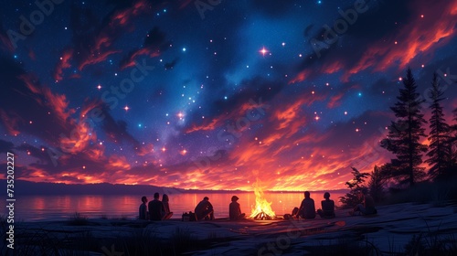 Illustrate a group of friends or family gathered around a campfire, silhouetted against the warm glow of flickering flames, sharing stories and laughter under a starry sky. photo