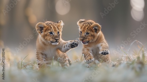 Two young lion cubs frolicking together in the grass, their joyful antics capturing the exuberance and innocence of youth in the animal world. © P