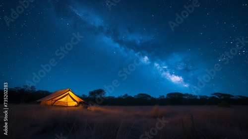 Capture the magic of sleeping under the star. a tent pitched in an open field, night sky