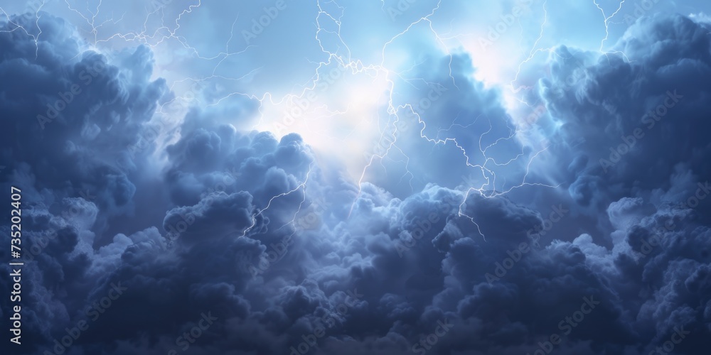 A dramatic image of a sky filled with dark clouds and lightning. Perfect for illustrating stormy weather or adding an ominous atmosphere to a project - obrazy, fototapety, plakaty 