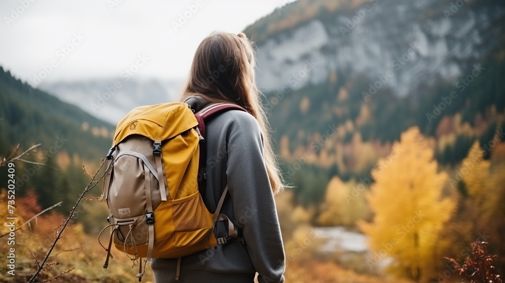 Rear view of a woman walking up a mountain.woman with backpack travels in the mountains Rear view of a woman walking up a mountain.woman with backpack travels in the mountains
