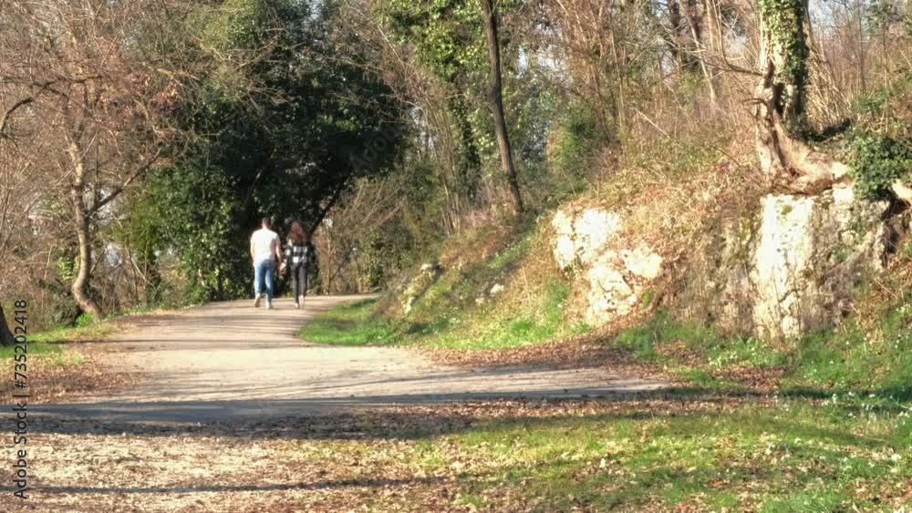 Ragazza e ragazzo camminano tenendosi per mano, passeggiata nel bosco Ragazza e ragazzo camminano tenendosi per mano, passeggiata nel bosco