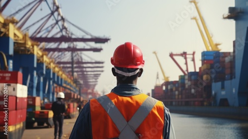 A man wearing a hard hat stands confidently in front of a massive container ship. This image can be used to depict industrial work, shipping, transportation, or construction themes