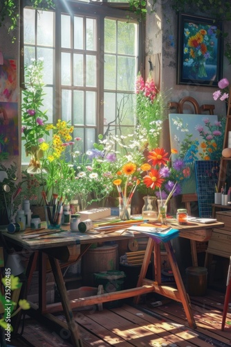A vibrant painting studio adorned with an abundance of colorful flowers. Perfect for capturing the essence of creativity and inspiration.