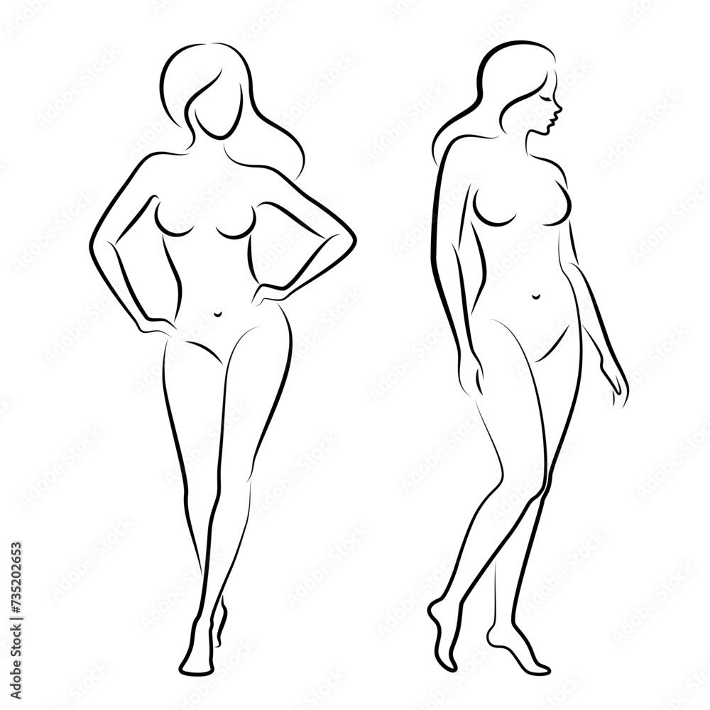 Collection. Silhouette of a nice lady, she is standing. The girl has a beautiful naked figure. The woman is a young sexy and slender model. Vector illustration set. Collection. Silhouette of a nice lady, she is standing. The girl has a beautiful naked figure. The woman is a young sexy and slender model. Vector illustration set.