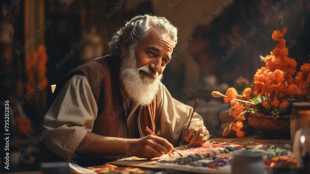 Man Sitting at Table in Front of Painting