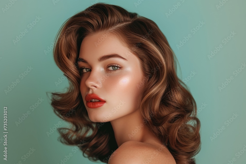 Stylish woman with side wave hairstyle on turquoise background Stylish woman with side wave hairstyle on turquoise background