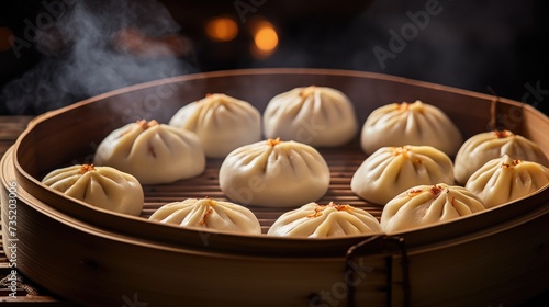 A wooden steamer basket filled with delicious dumplings, ready to be enjoyed. Perfect for food blogs, restaurant menus, and cooking websites