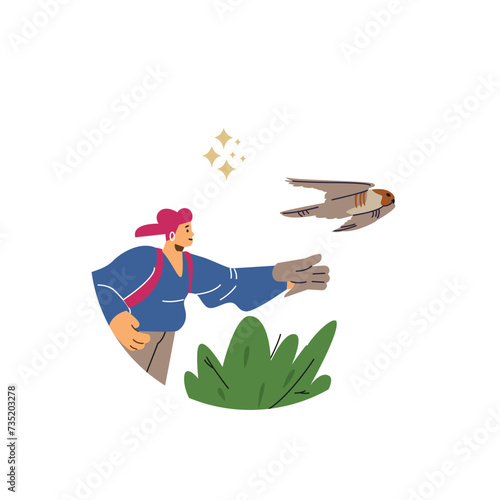 Round shape with smiling woman extends gloved hand to flying falco