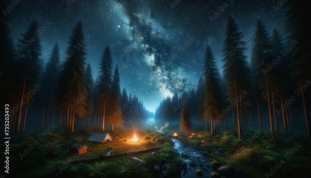 Naklejka premium Starry Sanctuary- A Forest Clearing Under the Night Sky