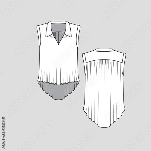 Collar Neck Sleeveless Ruffles Top High low dip hem Fashion  flat sketch technical Drawing template Cad Design vector