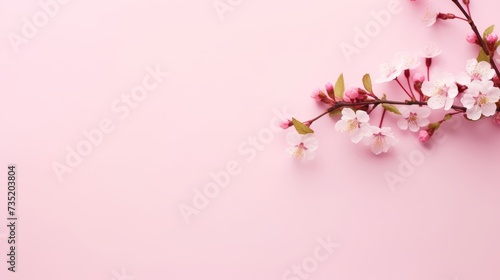 Beautiful cherry blossom branch frame on a minimalistic light pink background with large copyspace area