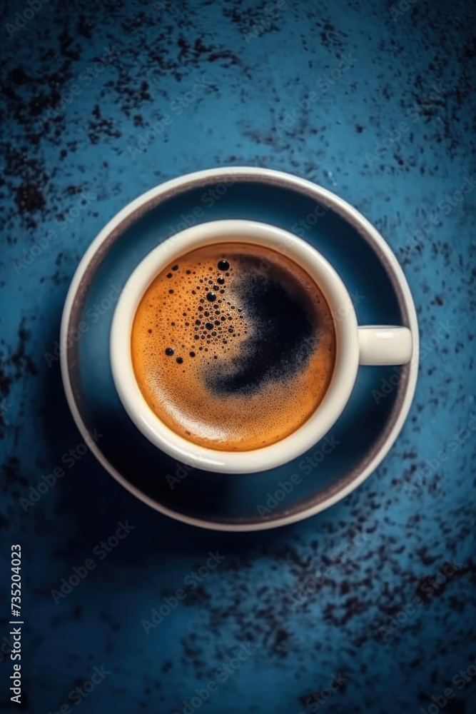 Obraz premium A cup of espresso coffee on a saucer background using dark blue color. top view