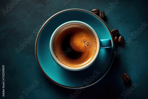 A cup of espresso coffee on a saucer background using dark blue color. top view photo