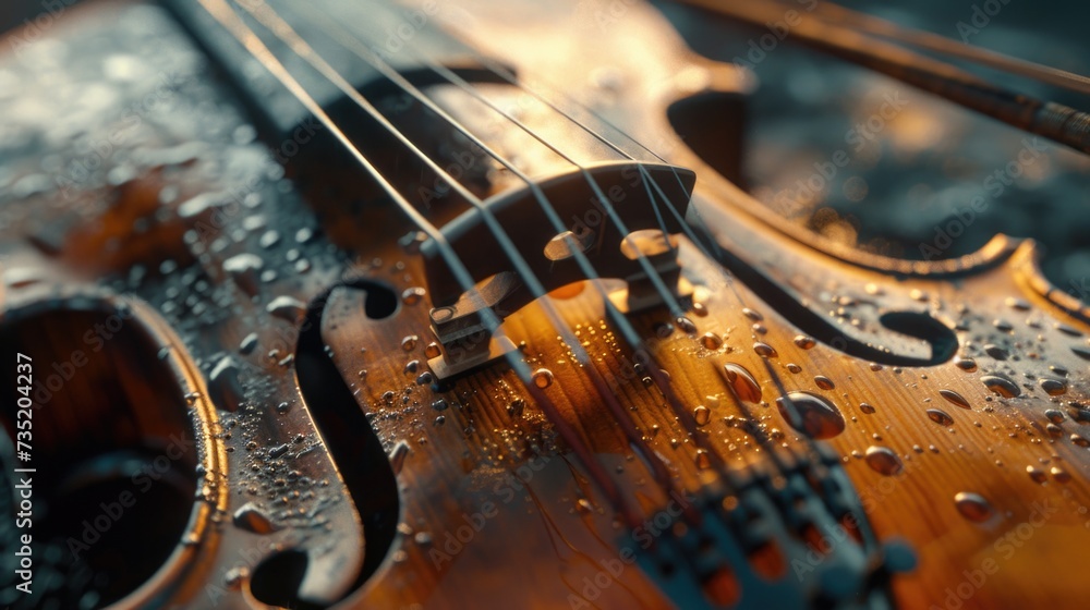 A detailed close-up of a violin with water droplets on its surface. Perfect for conveying a sense of tranquility and serenity. A detailed close-up of a violin with water droplets on its surface. Perfect for conveying a sense of tranquility and serenity.