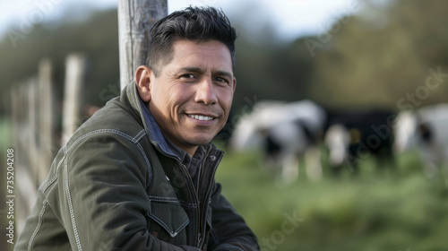 smiling man is leaning on a wooden fence in the countryside with cows in the background.