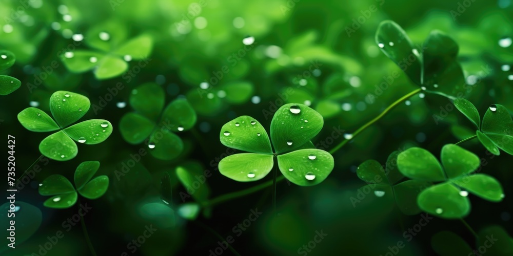 A close-up image of a group of four leaf clovers with water droplets on them. Perfect for St. Patrick's Day celebrations or as a symbol of luck and good fortune. A close-up image of a group of four leaf clovers with water droplets on them. Perfect for St. Patrick's Day celebrations or as a symbol of luck and good fortune.